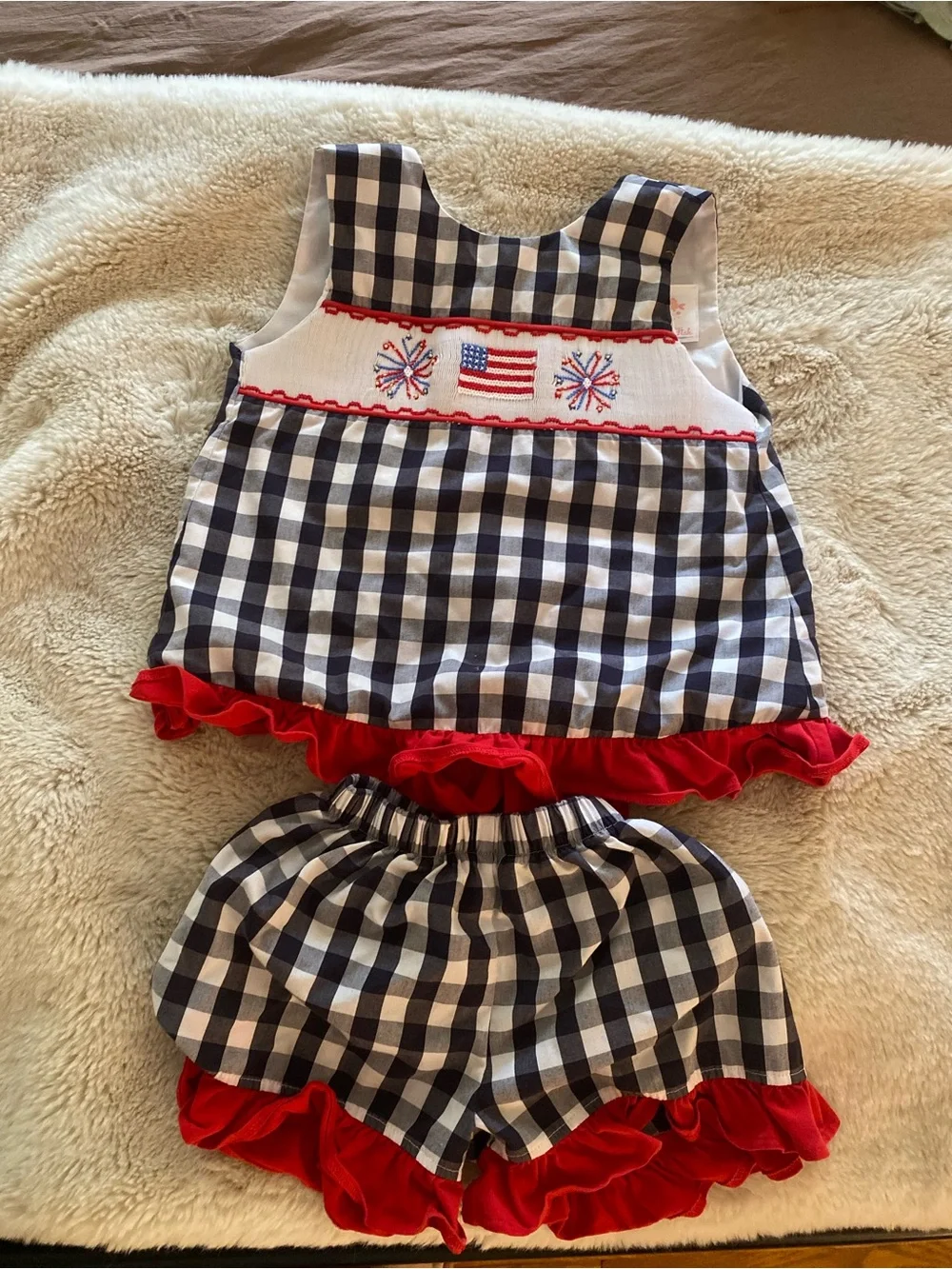 Navy Gingham Two-Piece Toddler Set with Red Ruffle and Flag Smocking